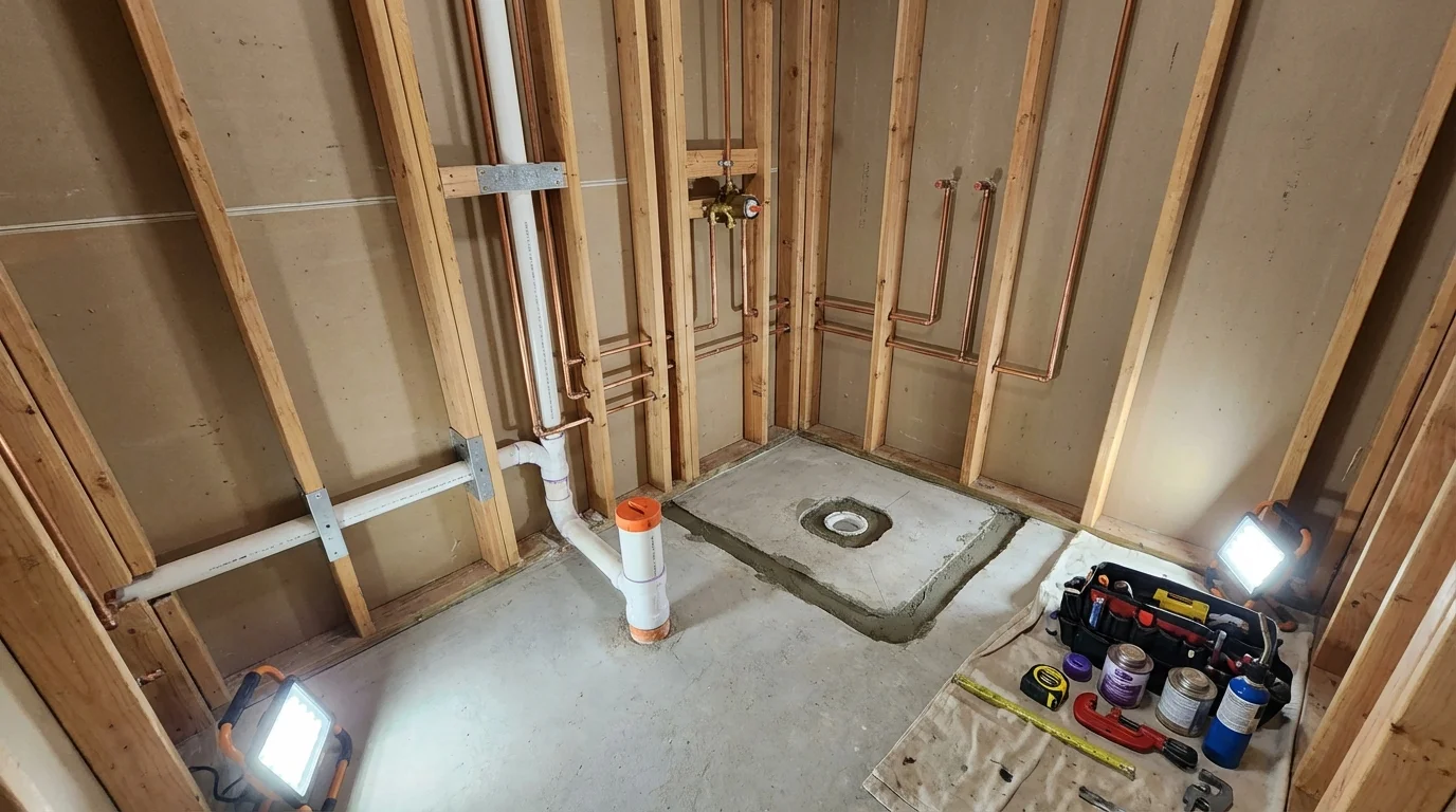 Bathroom rough-in plumbing during remodel by Johns Plumbing LLC in Heathsville