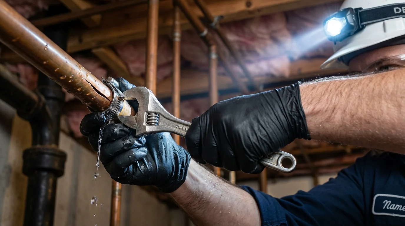 Emergency pipe clamp repair being performed by a Johns Plumbing LLC plumber in Heathsville