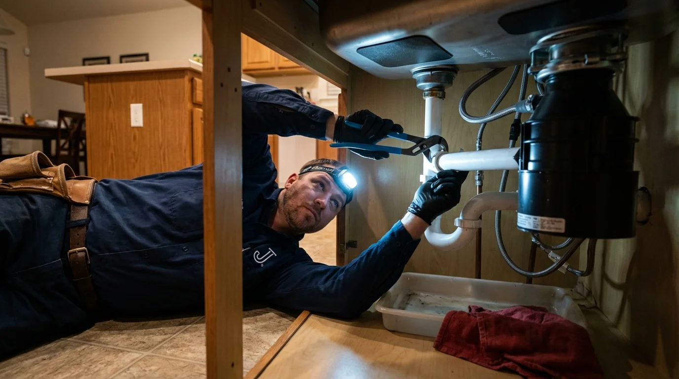 P-trap and supply line connections under a kitchen sink showing a common leak point in Heathsville, VA